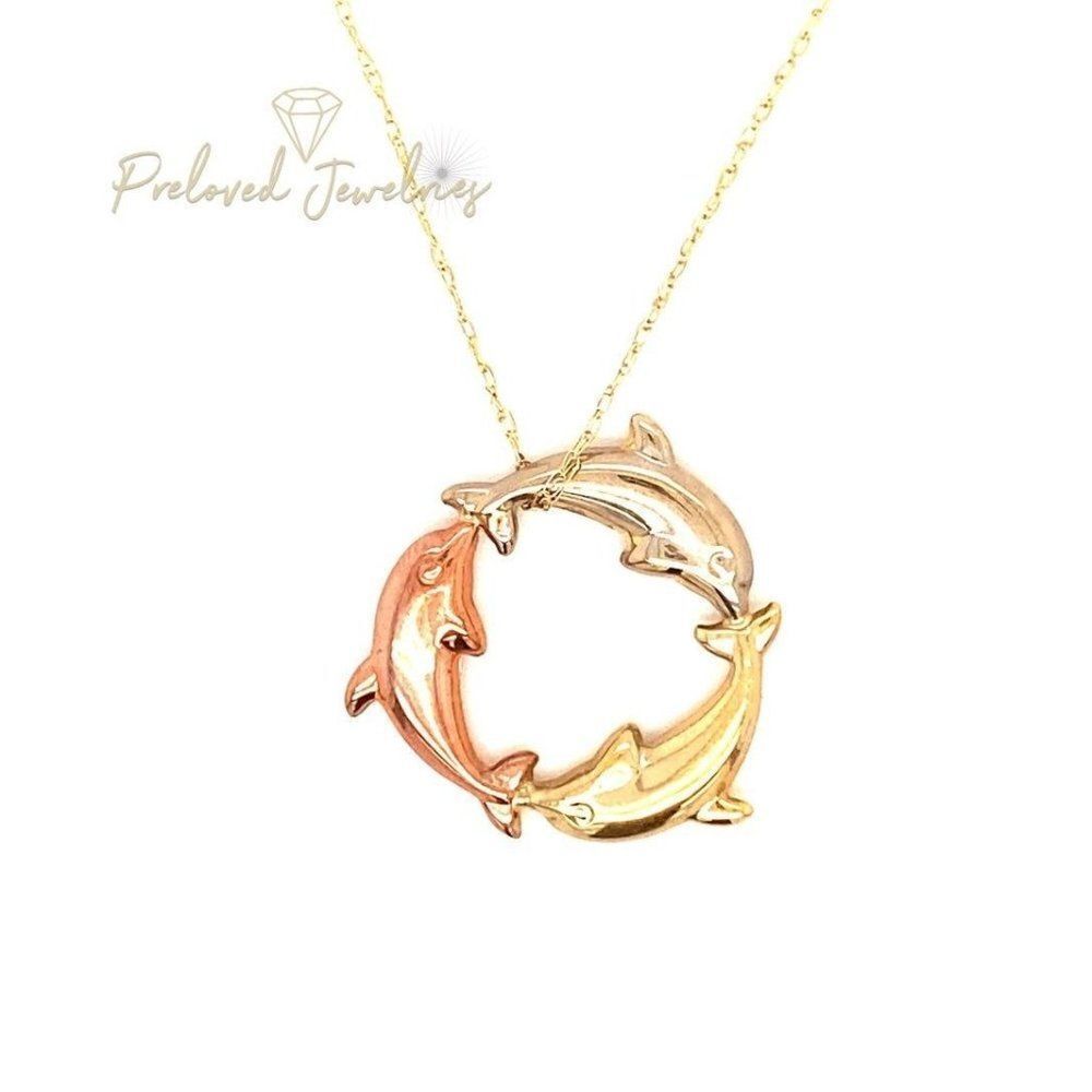 10k Tricolor Connecting  Dolphin Necklace‎